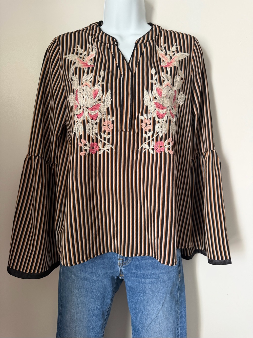 THML Black & Cream Striped Embroidered V-Neck Bell Sleeve Blouse